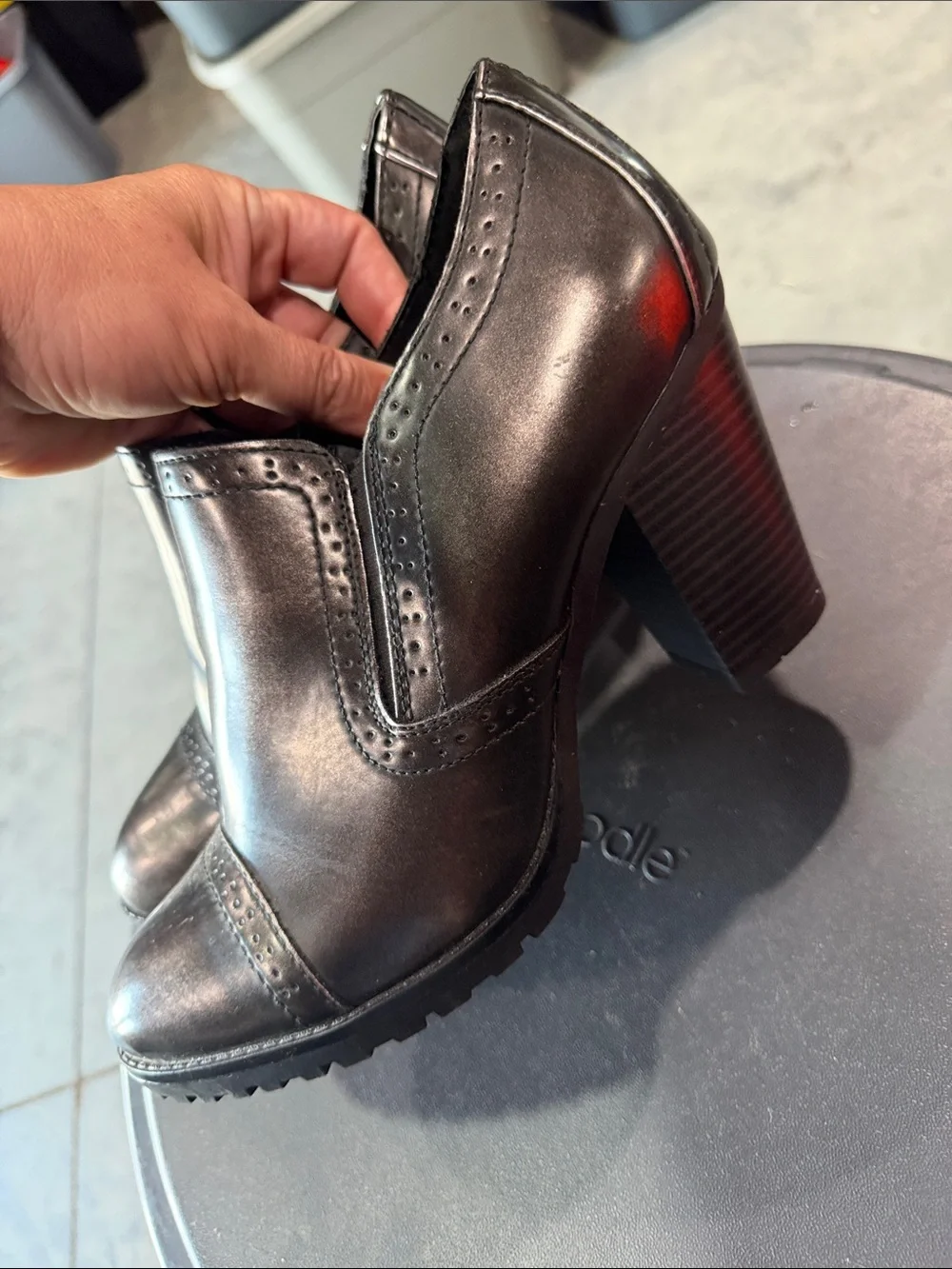 White Mountain Black Leather Ankle Booties with Stacked Heel